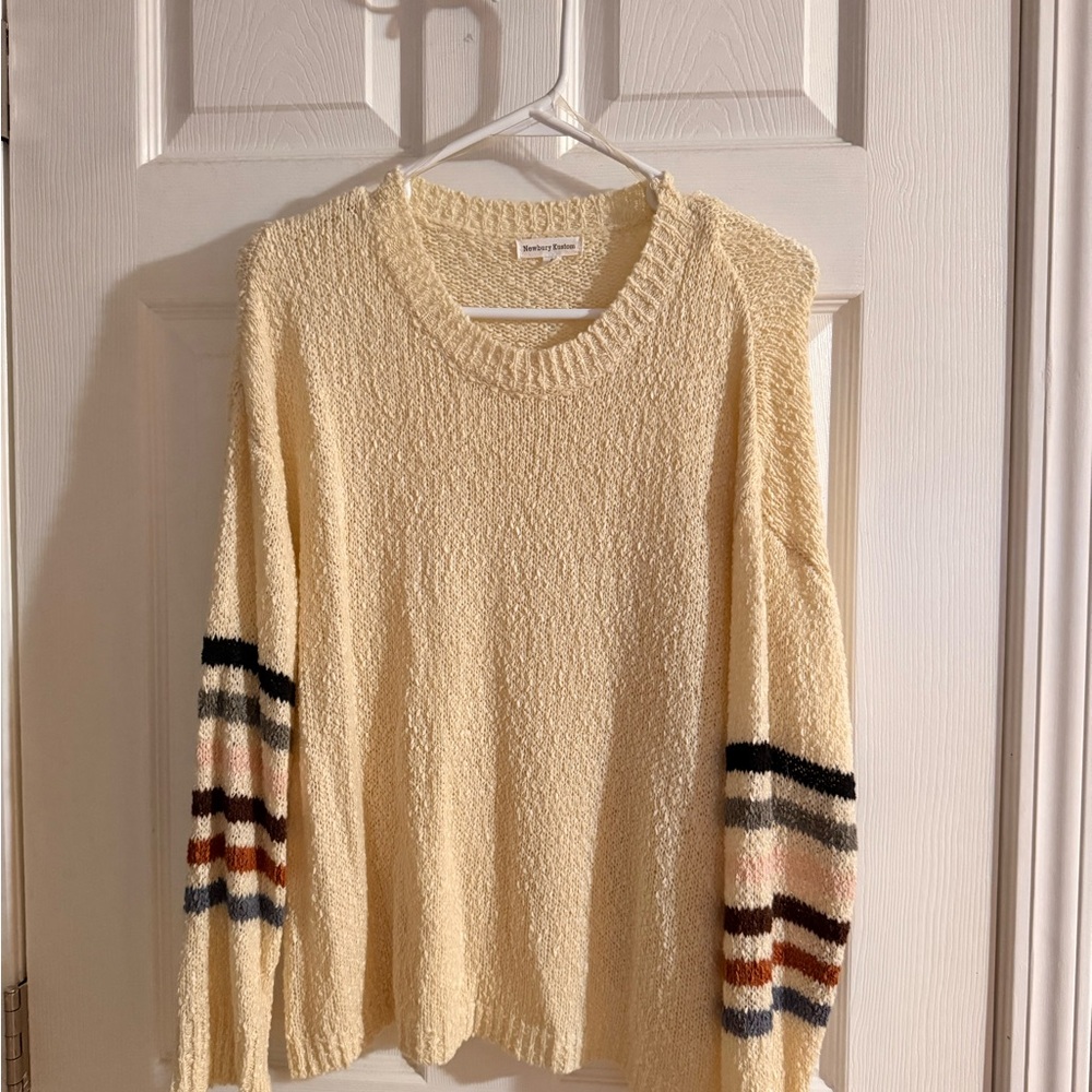 Newbury Kustom Cream Crewneck Sweater with Multicolor Sleeve Stripes